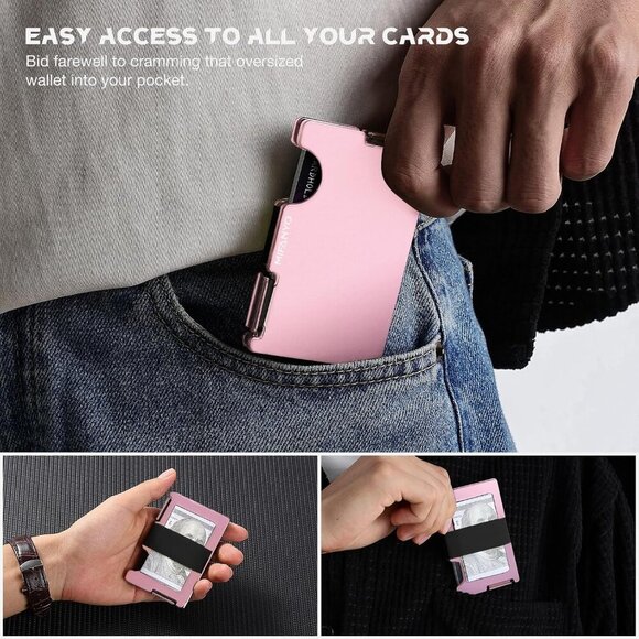 Metal Wallet for Women Aluminum Slim Card Holder RFID Blocking Pink Compact - Picture 5 of 6